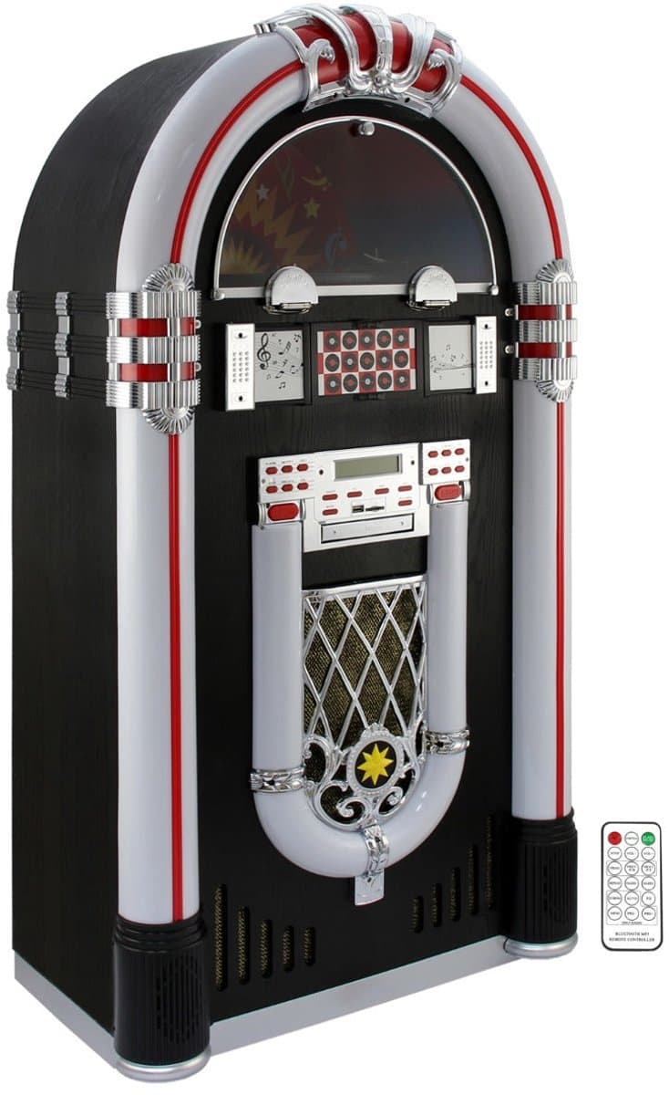 Jukebox Vinyl Platenspeler & Geluidssysteem - LED-Verlichting - Bluetooth, USB & SD/MMC - CD-speler -AUX & FM radio met PLL - 4 zwenkwielen — afbeelding 1