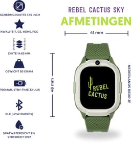 Rebel Cactus SKY (Groen) - kindersmartwatch - GPS tracker - Whatsapp - (video) bellen - SOS/Geofence - Groot display 1.75" - Gratis OuderApp - Batterij: 32uur - Alle wereldtalen - Geen internet en geen socials - Wel apps - Uit tijdens school - Wifi — thumbnail 2