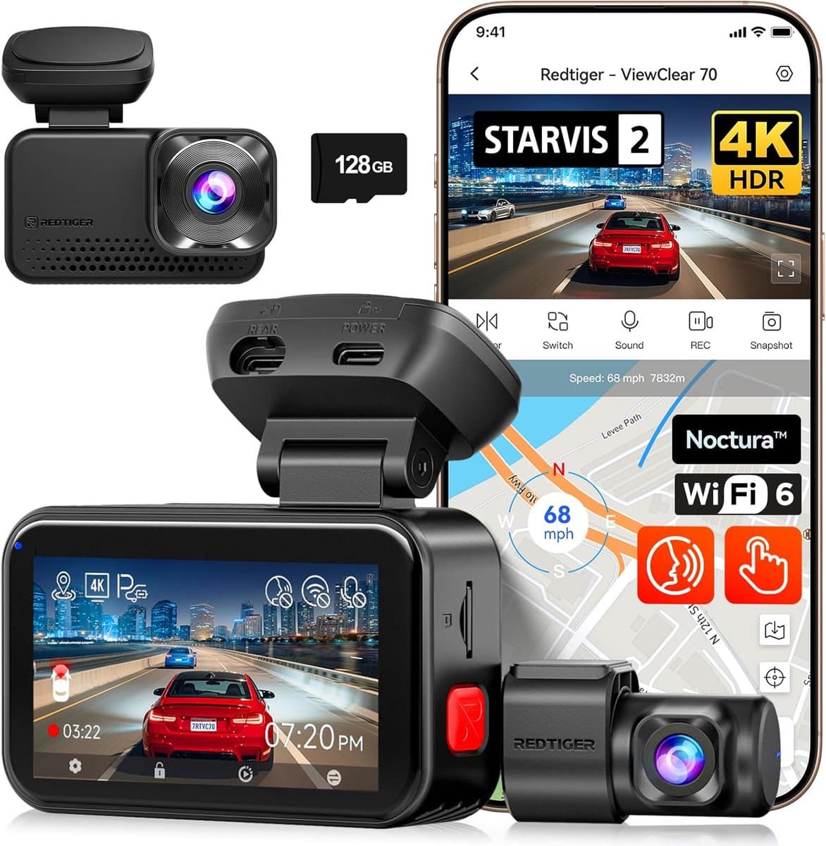 RedTiger Viewclear 70 - Dual Dashcam voor auto - Ultra 4K & 2,5K - Voor en Achter Camera - 2026 model - Met Touchscreen - WiFi en GPS - 3.20 Inch met App - Sony Sensor Nachtzicht - Dashcams - Parkeerbewaking - G Sensor - Loop opname - 128GB SD Kaart — afbeelding 1