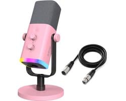 FIFINE AM8 - Complete set - Met XLR Kabel - USB / XLR Studio Microfoon - Geschikt voor PC/PS4/PS5 - RGB - Podcast - Gaming - Streaming - Roze