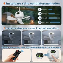 MUPOO Draadloze Plafondventilator camper met LED lamp & Afstandsbediening - 8000mAh Oplaadbaar - 4 Snelheden -Timer -Stille Motor & Afneembare Bladen - Ø27cm - Voor Camping, Tent, Caravan, Slaapkamer, Tuin, RV & Overkapping — thumbnail 2