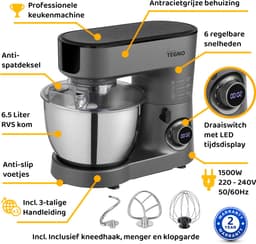 Linea Tegno Steel Mixer PRO-M7500 - Professionele Keukenmixer voor deeg, beslag, slagroom en crèmes - 1500W - Krachtige Antracietgrijze keukenmachine - Stand Mixer met 6.5L edelstalen mengkom. Krachtig, stil en eenvoudig reinigen. — thumbnail 5