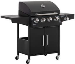 Gasbarbecue - Gasbarbecue en grill - 4 Branders - Verrijdbare Barbecuewagen - met Grillrooster, 4 Wielen, Bijzettafels, Drukregelaar, Slangen, Hermometer en Warmhoudplaten - Zwart — thumbnail 1