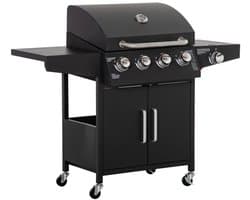 Gasbarbecue - Gasbarbecue en grill - 4 Branders - Verrijdbare Barbecuewagen - met Grillrooster, 4 Wielen, Bijzettafels, Drukregelaar, Slangen, Hermometer en Warmhoudplaten - Zwart