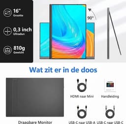 SNJY® Portable Monitor - Draagbare Monitor - Draagbaar Scherm - 0,8 cm Ultradun - 16 Inch - 1920 x 1200p IPS - Zwart — thumbnail 2