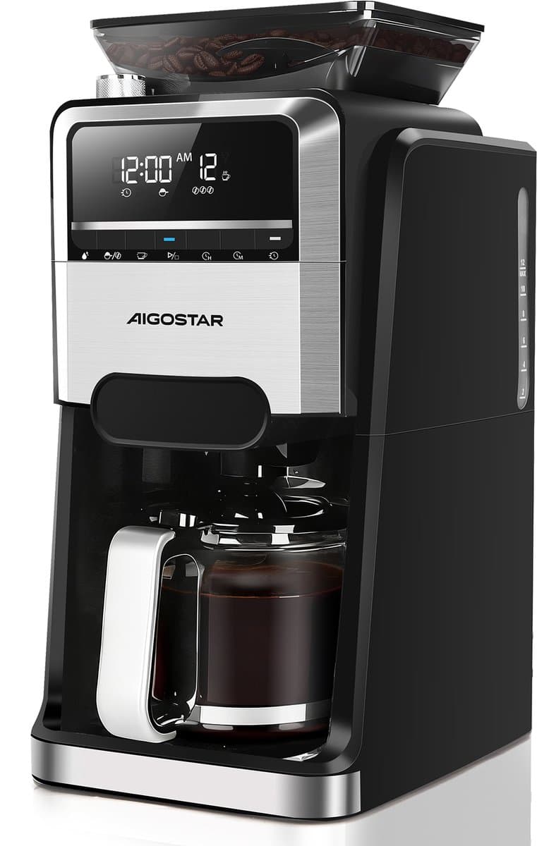 Aigostar Savor - Koffiezetapparaat met Bonenmaler - 1.5L - 12 Kopjes - Instelbare Sterkte - Digitaal Display - Warmhoudfunctie - 24u Timer - 1400W - Zwart — afbeelding 1