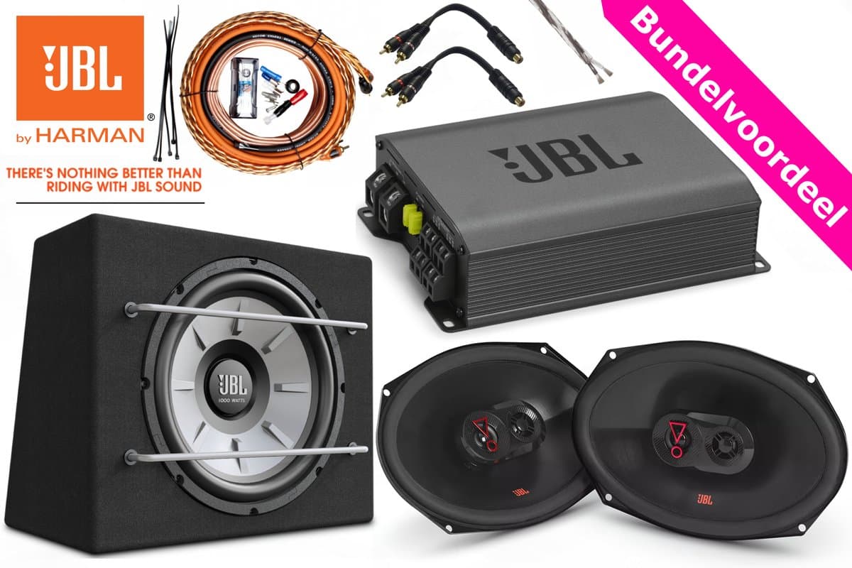 1000W JBL Subwoofer + Versterker + Ovale 6x9'' Speakers + Kabelset — afbeelding 1
