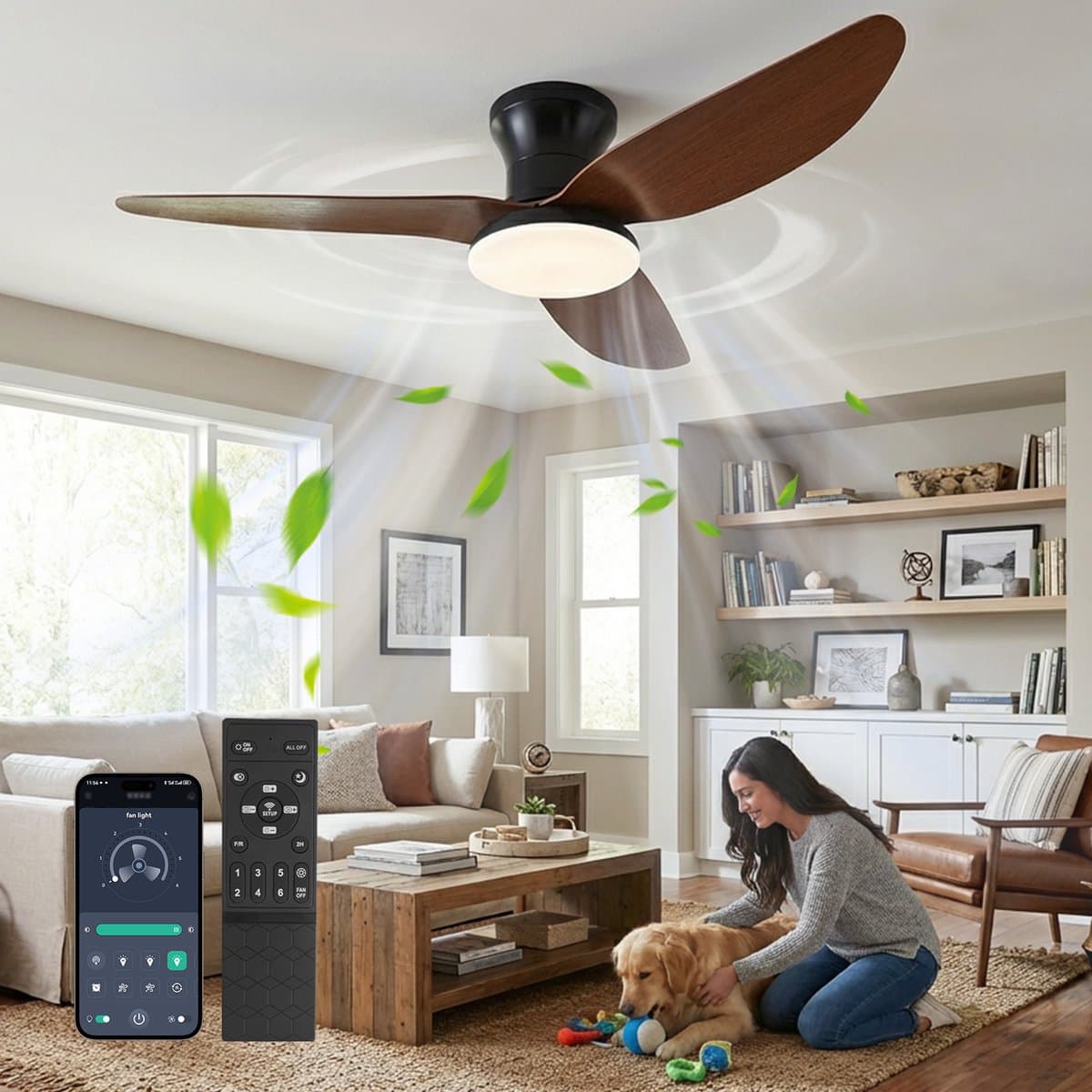 Rosnek Plafondventilator met Verlichting Hout - 100cm Stille DC Motor - LED Plafondlamp met Ventilator Dimbaar - Zomer en Winterstand - Woonkamer — afbeelding 1