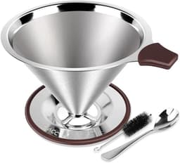 Pour Over Coffee Dripper - Roestvrijstalen Koffiefilter - Herbruikbaar - Dubbel Microgaasfilter - Lepel - Siliconen lade - Reinigingsborstel - 3-4 kopjes — thumbnail 1