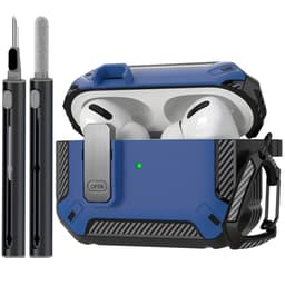 Blauw robuust hoesje voor oordopjes met carbon look geschikt voor AirPods Pro 2 inclusief schoonmaakset en karabijnhaak – schokbestendig en duurzaam — thumbnail 1