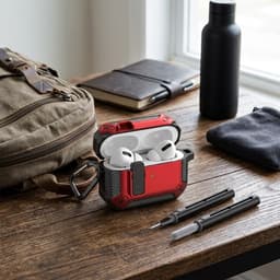 Rood robuust hoesje voor oordopjes met carbon look geschikt voor AirPods Pro 2 inclusief schoonmaakset en karabijnhaak – schokbestendig en duurzaam — thumbnail 2