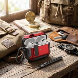 Rood robuust hoesje voor oordopjes met carbon look geschikt voor AirPods Pro 2 inclusief schoonmaakset en karabijnhaak – schokbestendig en duurzaam — thumbnail 3