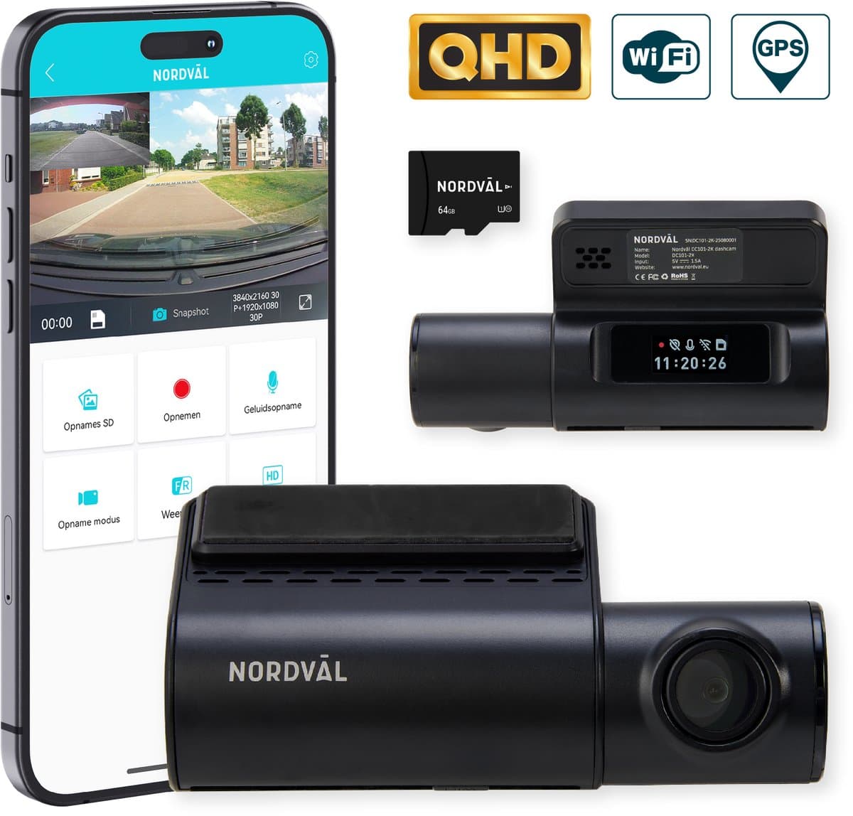Nordväl DC101-2K Dashcam - incl. 64GB SD Kaart - 2K QHD - Wifi - GPS - Parkeermodus - Nachtzicht - Super compact - Auto camera - Dashcam voor auto — afbeelding 1