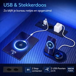 Gaming Hoekbureau L-vorm 130×100 cm – LED-verlichting, 2× Stopcontact & 2× USB, Omkeerbaar Ontwerp – Met 4 Laden, Bovenplank met Pegboard, CPU-houder & Hoofdtelefoonhaak – Koolstofvezel Look, Zwart — thumbnail 5