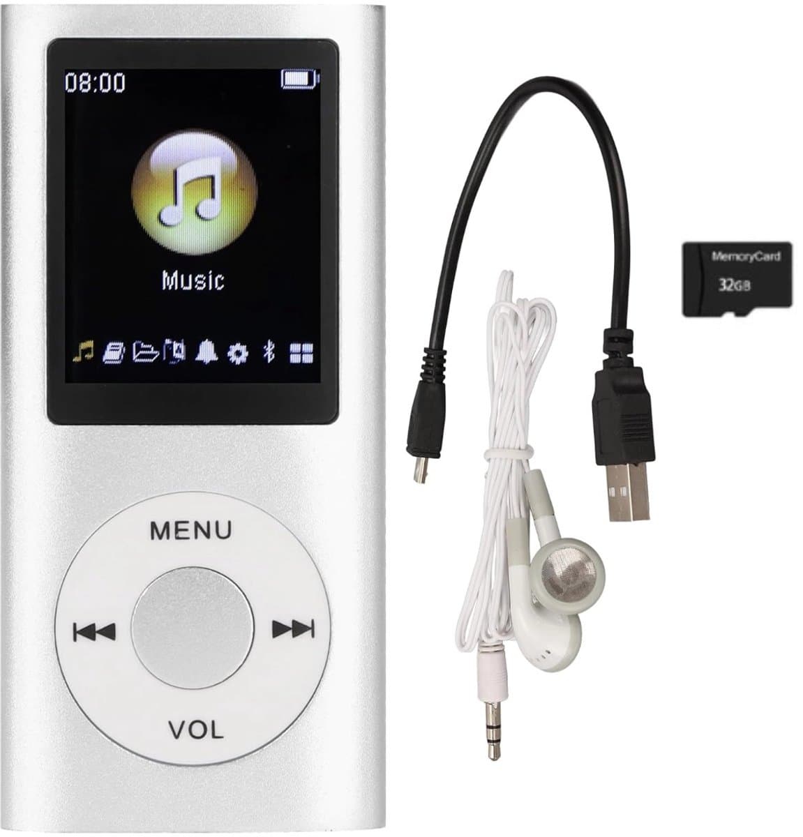 MP3 Speler - Bluetooth - Incl. 32GB SD Kaart - USB - Shuffle - Incl. Oordopjes - Voice recorder - Dictafoon - Draagbaar - Ideaal voor Sport, Kinderen en Volwassenen - wit — afbeelding 1