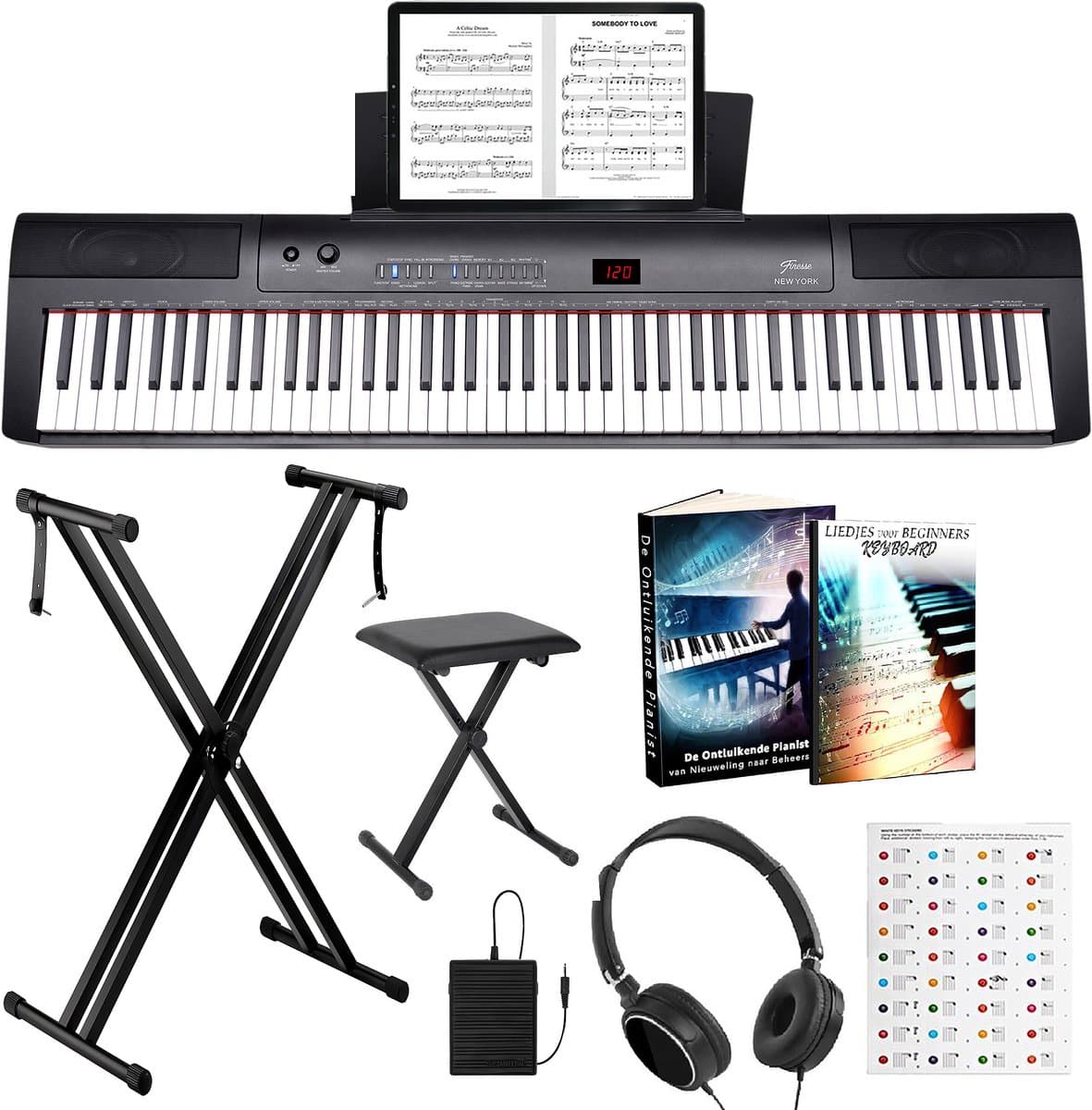 Finesse Digitale Piano - 88 Gewogen Toetsen - Statief & Kruk - Keyboard Piano - Elektrische Piano - Volwassene & Kind — afbeelding 1