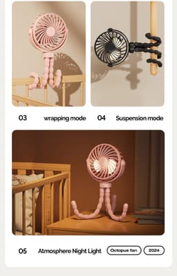 Handventilator - Draagbare Ventilator Oplaadbaar - Zwart - Hand Tafelventilator Draadloos - Kinderwagen Mini Fan - 3 Standen - mini ventilator - festival ventilator - octopus ventilator — thumbnail 5