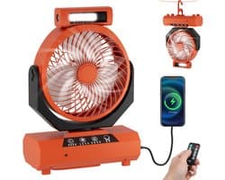 Campingventilator met LED-licht en powerbank - Ventilator - 20000 mAh - Mini Ventilator - Tafelventilator - Kleine Ventilator - Draagbare Ventilator - Handventilator - LED Verlichting & Powerbank - USB Oplaadbaar - Met afstandsbediening - Oranje