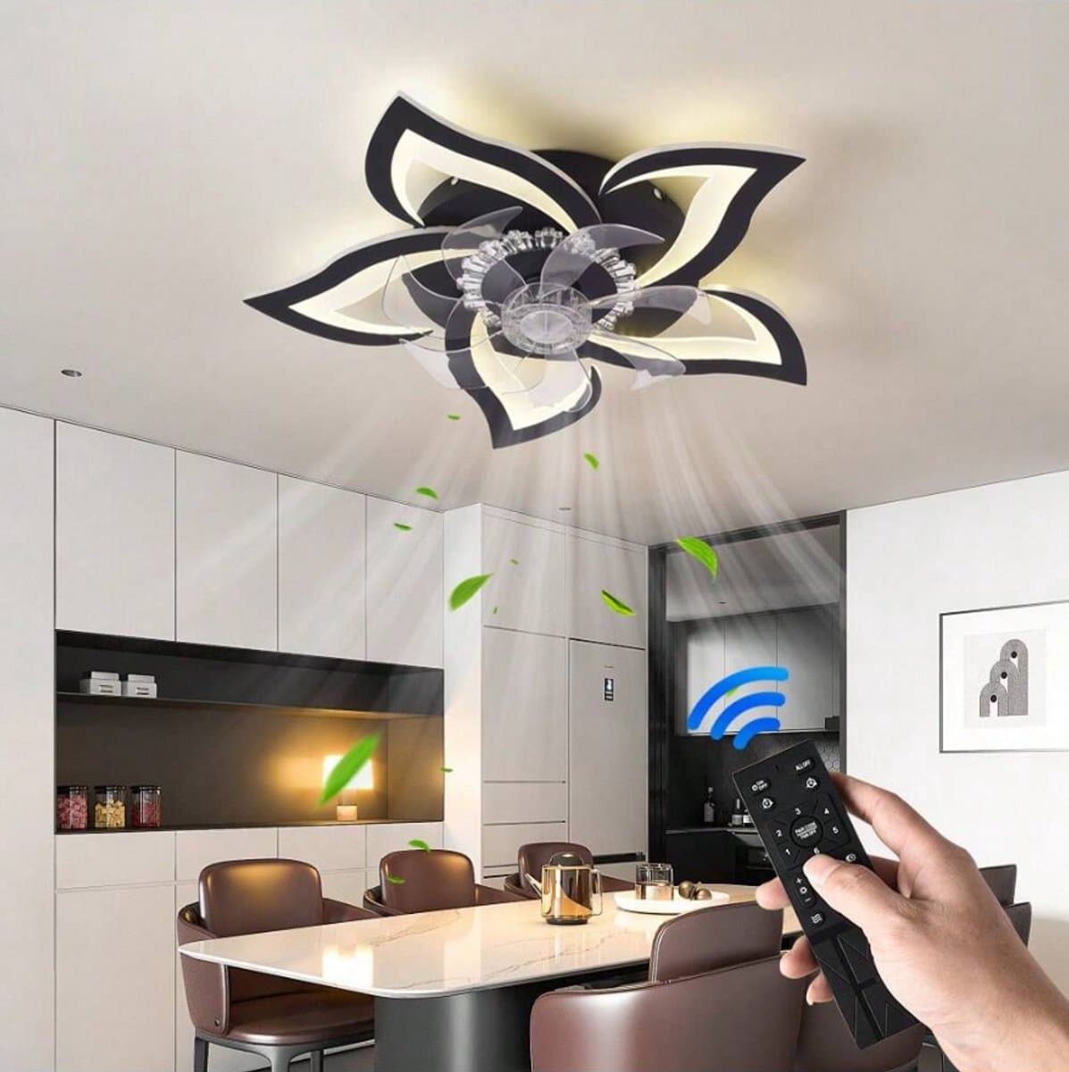 5 Lotus Ventilator Lamp - Plafondventilator - Zwart - Smart Lamp - Met Dimmer - 6 Standen Ventilator - Keuken Lamp - Woonkamerlamp - Moderne lamp — afbeelding 1