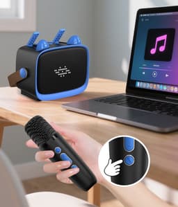 Karaoke Set - 2 Microfoons - Draagbaar - Bluetooth - Telefoonhouder - Blauw — thumbnail 4
