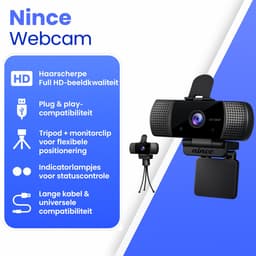 Nince Webcam - Full HD 1080P - PC Webcam - Laptop Webcam - USB Webcam - Met Statief - Privacy Cover - Webcam met Microfoon — thumbnail 2