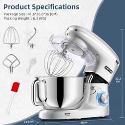 RFWR® Krachtige 1500W Keukenmachine met 6.5QT Kom - Multifunctionele Elektrische Mixer voor Kneden en Bakken — thumbnail 4