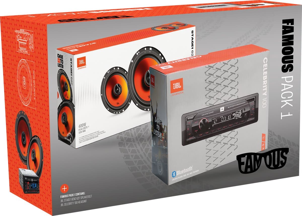 JBL Famous Pack 1 – Autoradio Celebrity100 + Stage1 62F Autospeakers– USB/SD/FM – 4×50 W + 400 W Pieken – Complete Car Audio Upgrade — afbeelding 1