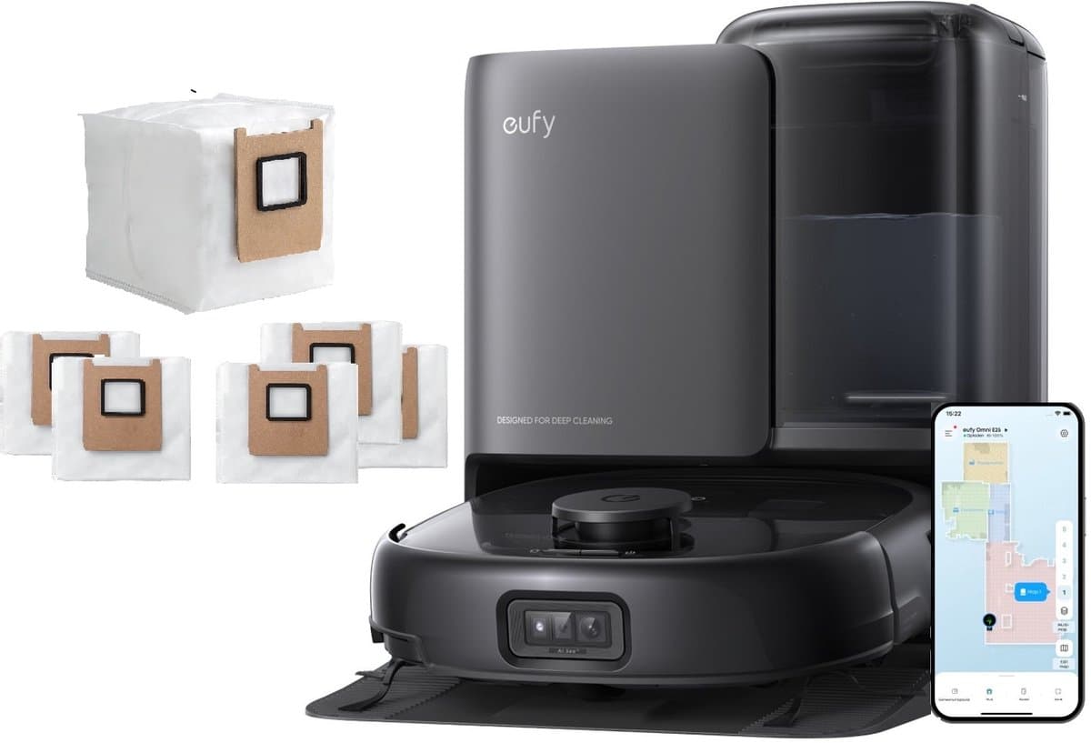 eufy Robotstofzuiger Omni E25 met 6 stofzakken, HydroJet dweilsysteem, 20.000 Pa zuigkracht, DuoSpiral borstels die ontklitten, CornerRover arm voor het schoonmaken van hoeken, alles-in-één station — afbeelding 1