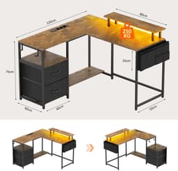 Gaming Bureau met LED Verlichting - 120x120x75cm - L-Vormig Game Bureau met Stopcontact - 2 Non Woven Lade - Gaming Desk - Computer Tafel - Gaming Tafel - Bureau voor Gamen, Studeren en Werken - Vintage Bruin — thumbnail 2