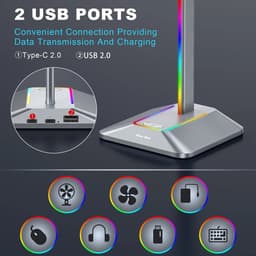 New Bee Z8 RGB Gaming Headset Houder – Koptelefoon Standaard met USB-C Poort – Laadt 2 Apparaten Tegelijk – Headset Stand met Verlichting – Universeel voor Gaming & Werkplek(zilver) — thumbnail 5
