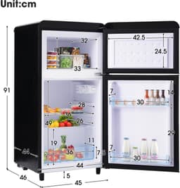 Koelkast 45x46x91cm Zwart IJzer Plastic LED Verlichting Meerkleurig Boven Onder Dubbele Deur 72 Liter Totaalvolume Beschikbaar Voor Keuken Studentenkamer Appartement — thumbnail 3