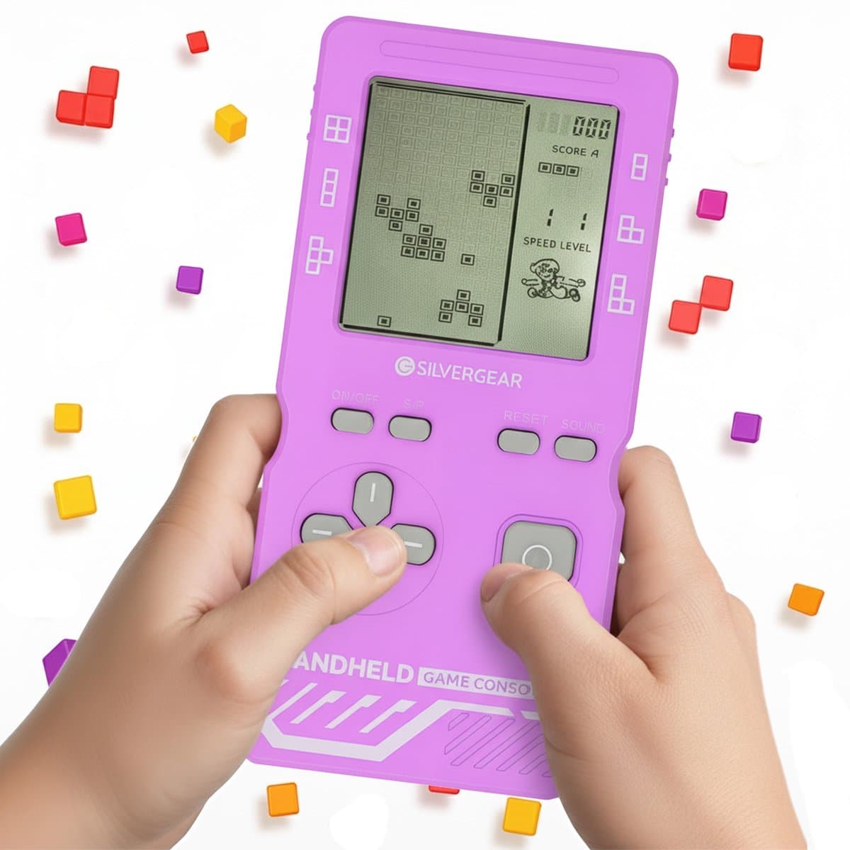 Silvergear Retro Spelcomputer Blokkenspel 26 Spelletjes - Speelgoed Voor in de Auto - Mini Arcade Game Console voor Kinderen - Puzzel Speelgoed - Reisspelletjes Voor Kinderen - Cadeau voor Jongens en Meisjes - Vakantie - 6, 7, 8, 9, 10+ Jaar - Paars — afbeelding 1