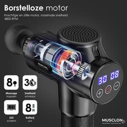 Musclon Pro Massagegun Professioneel – Gratis Premium Rugzak – Massageapparaat – Massage Pistool – Zwart – Draadloos & Stil – 30 Snelheden – 6 Koppen — thumbnail 4
