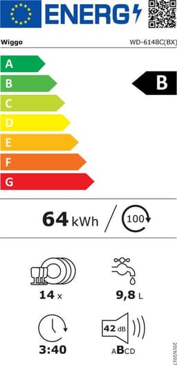 Wiggo WD-F6148B(DX) - Vrijstaande Vaatwasser - 60cm - 14 Couverts - 6 wasprogramma's - Energielabel B - 5 jaar garantie - Zwart Rvs — thumbnail 2