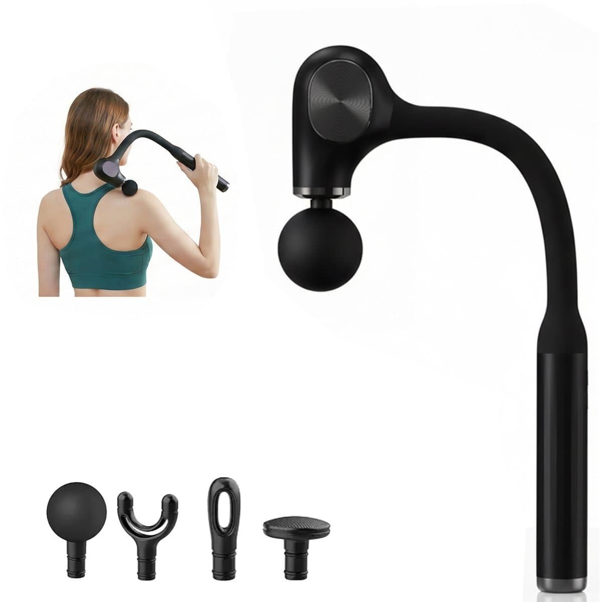 Home Vibes® Massage Apparaat voor Nek, Rug, Schouders en Benen - Massage Gun - Professioneel Massageapparaat - Vaderdag Cadeau - Lange Ergonomische Hendel - 4 Opzetstukken - 5 Standen - Draadloos - Zwart — afbeelding 1