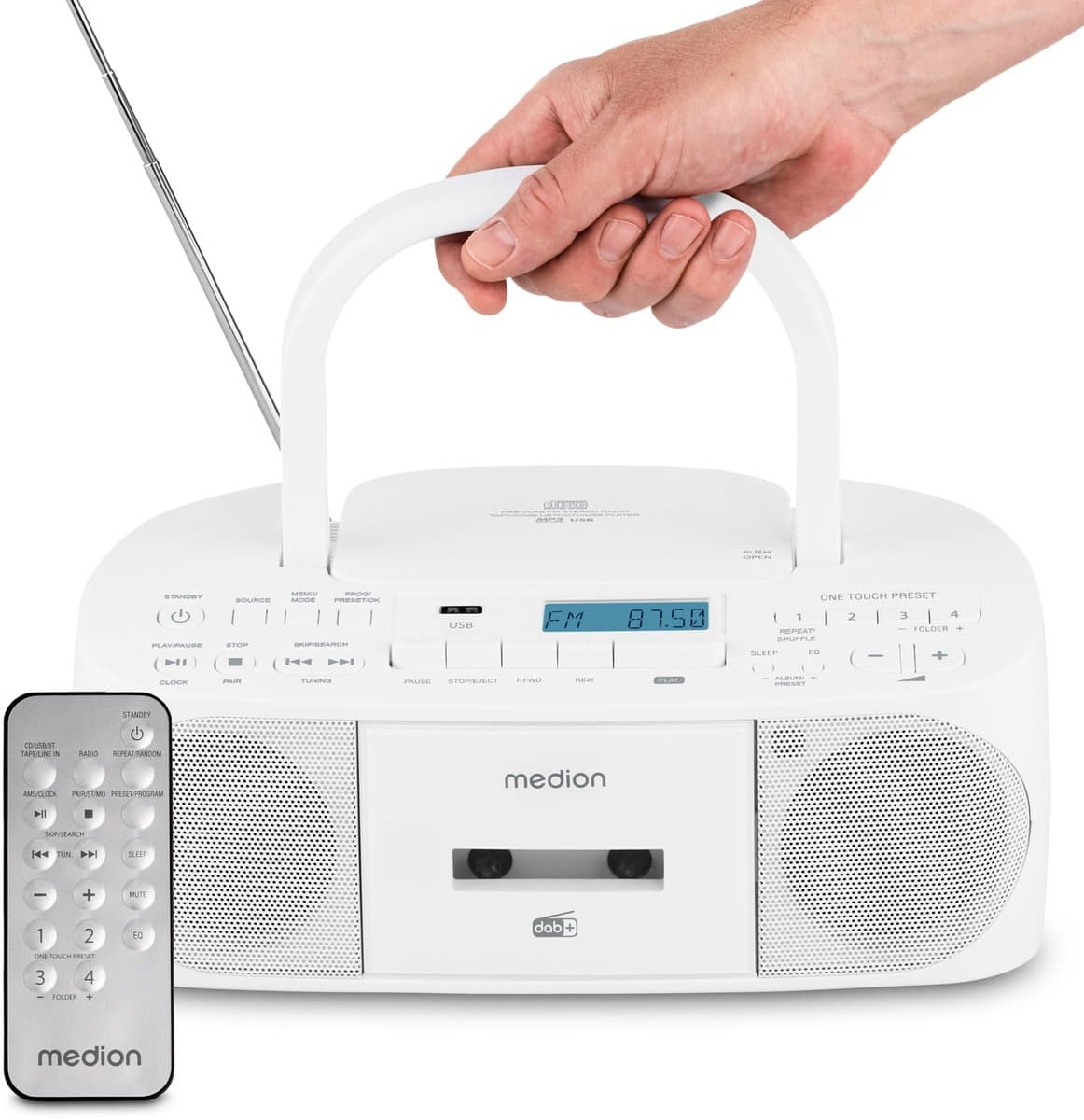 MEDION DRX-1 Plus Boombox (draagbare DAB+ & FM-radio, Bluetooth, cd-speler, MP3, cassette, hoofdtelefoonaansluiting, stereo, AUX, netstroom & batterijen) wit — afbeelding 1