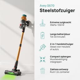 Avey S670 Steelstofzuiger Draadloos – 550W – 35Kpa Zuigkracht – 40 min Batterijduur – Zakloos – Lichtgewicht – LED Verlichting – 3 Snelheden – Kruimeldief – Voor Alle Vloeren & Dierenharen — thumbnail 2