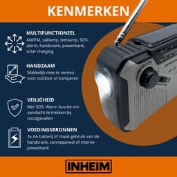 INHEIM® Beacon Noodradio - AM/FM Solar Opwindbaar - Powerbank - Zonneenergie - Noodpakket - Met Zaklamp - Opwindbaar — thumbnail 2