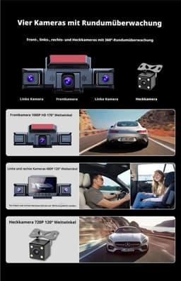 Dashcam Auto 360 graden - 4 camera's, 1080p Full-HD,met 64 GB SD-kaart, wifi, nachtzicht, G-sensor, bewegingsdetector, 3 inch IPS-display, waterdicht, loop-opname, trigger bij ongevallen — thumbnail 4