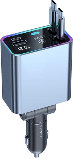 Intrekbare autolader 4-in-1 sigarettenaansteker USB C 66W telefoon snellader adapter met spanningsdisplay geschikt voor iPhone Galaxy Huawei voor 12V 24V Truck Campervan — thumbnail 1