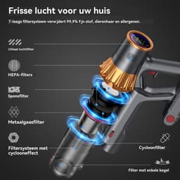 RAYOFI - Steelstofzuiger - Draadloze stofzuiger - 70000 PA zuigkracht - LED-display - Zakloos-werkt op batterijen - Geschikt voor dierenharen - Wordt geleverd met 4 verschillende opzetstukken - 3 zuigstanden - Anti-klit vloerborstel - 1,8 liter -Goud — thumbnail 5