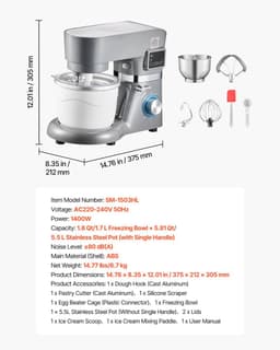 Keukenmixer - Staande Mixer - 6 Snelheden - LED-Display - Timer - Roerpeddel & Deeghaak - Spatbescherming - 1400W - Grijs — thumbnail 4