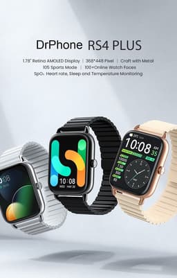 DrPhone RS4 Plus Smartwatch - 1.78 AMOLED HD Display - Hartslagmeter - SpO2 Tracking en nog veel meer - Smartwatch Voor Mannen & Vrouwen - Zwart — thumbnail 4