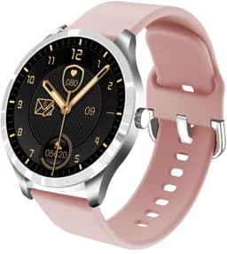 Belesy® BQSiRgPk Pro - Smartwatch Dames – Smartwatch Heren - Horloge - 1.28 inch - Kleurenscherm - Stappenteller - Bloeddruk - Hartslag - 75+ Wijzerplaten – Sporten – Zilver – Siliconen – Roze – extra polsband Panterprint - Kerstcadeau — thumbnail 2