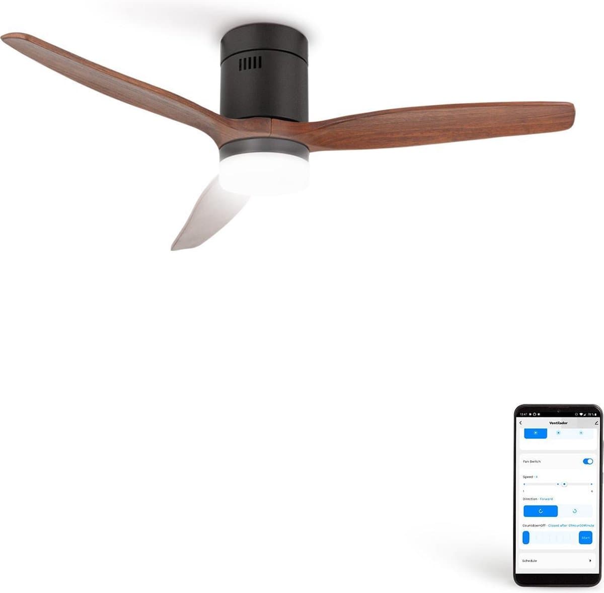 CREATE - Plafondventilator 40W silent Ø132 cm - Met Verlichting drie temperaturen - Met Wifi - Met Afstandsbediening - 6 Snelheden - Timer - Zomer/Winter functie - Zwart - WIND CALM — afbeelding 1