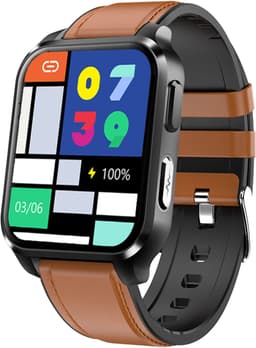 Belesy® ARTIFICIAL - Smartwatch Dames - Smartwatch Heren - Horloge - 1.70 inch – kleurenscherm – Stappenteller – Calorieën - Gezondheidsindicatoren – Je eigen foto als wijzerplaat - Leer – Bruin – Zwart - Moederdag — thumbnail 1