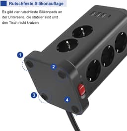 Power Strip with USB Ports - 11 Outlet Surge Protector with Switch, Child Safety Covers, 1 USB-C and 3 USB-A Ports - 1.8m Extension Cord for Kitchen Use — thumbnail 3