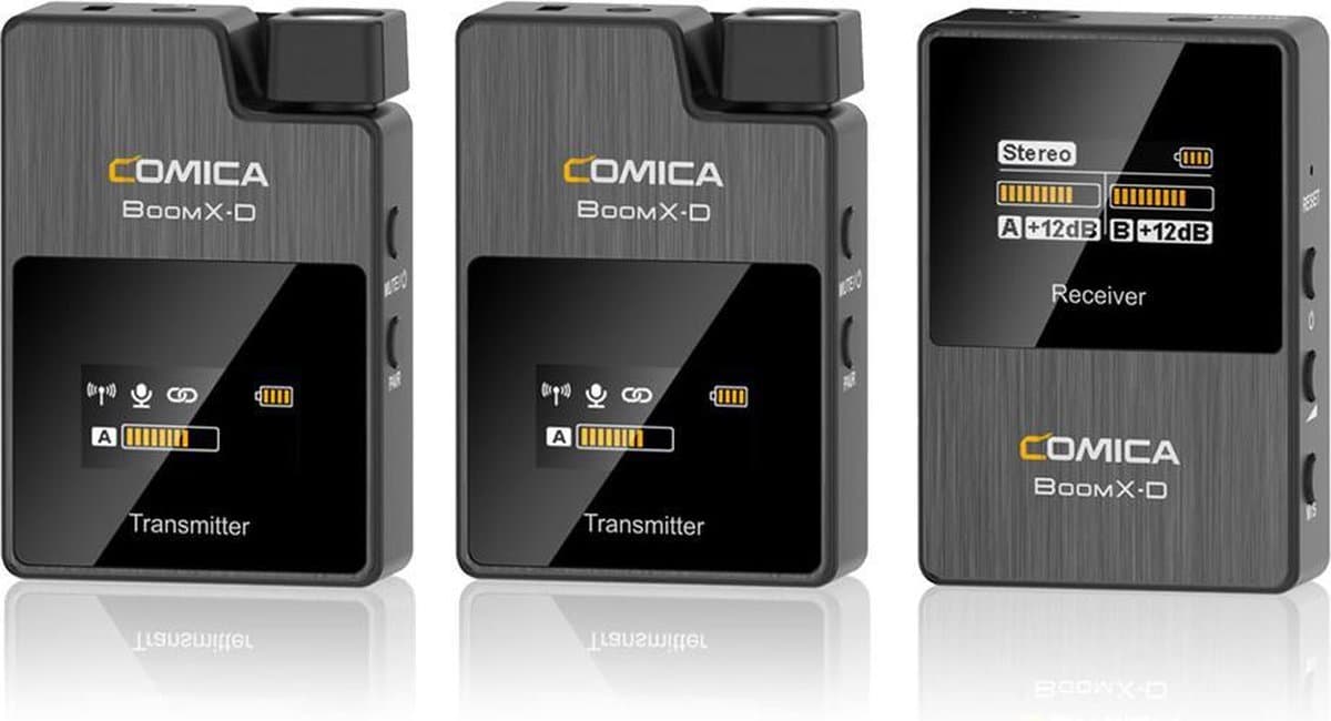 Comica BoomX-D D2 draadloze microfoon-set met 2 zenders en ontvanger — Geschikt voor o.a. Canon, Nikon, Fujifilm, Sony, Panasonic camera en smartphone — Plug & Play interview microfoon — Draadloos bereik tot 50 meter — Complete set — Zwart — afbeelding 1