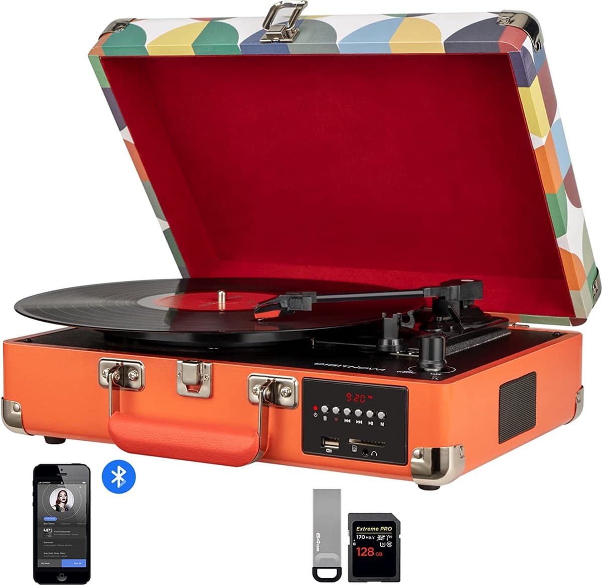 DIGITNOW! Bluetooth Vinyl/LP platenspeler met stijlvolle koffer-platenspeler, multifunctionele FM-radio, USB naar MP3-recorder/spele — afbeelding 1