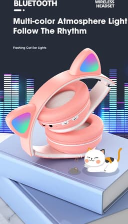 Kinder Hoofdtelefoon-Draadloze Koptelefoon-Kids Headset-Over Ear-Bluetooth-Microfoon-Katten Oortjes-Led Verlichting-Roze — thumbnail 4